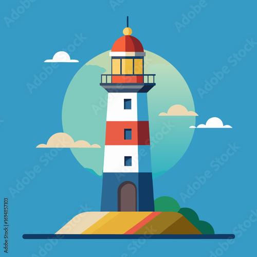 Stunning lighthouse on a coastal island, guiding ships through the ocean waves under a vibrant blue sky, nautical illustration