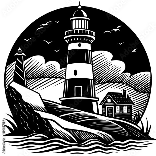 Striking black and white lighthouse scene with coastal landscape, evoking a sense of nautical charm and serene beauty for travel and design projects