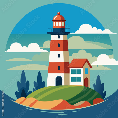 Coastal lighthouse standing tall amidst serene clouds and ocean waves, a beacon of hope and guiding light for maritime travel