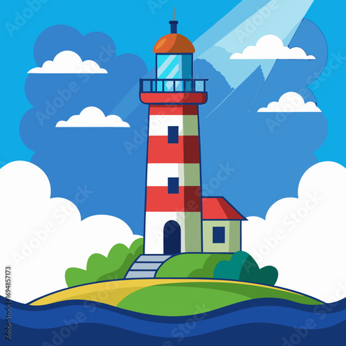 Stunning coastal lighthouse on a sunny day, guiding ships with its vibrant red and white stripes, evoking feelings of hope and adventure, perfect for travel and design projects