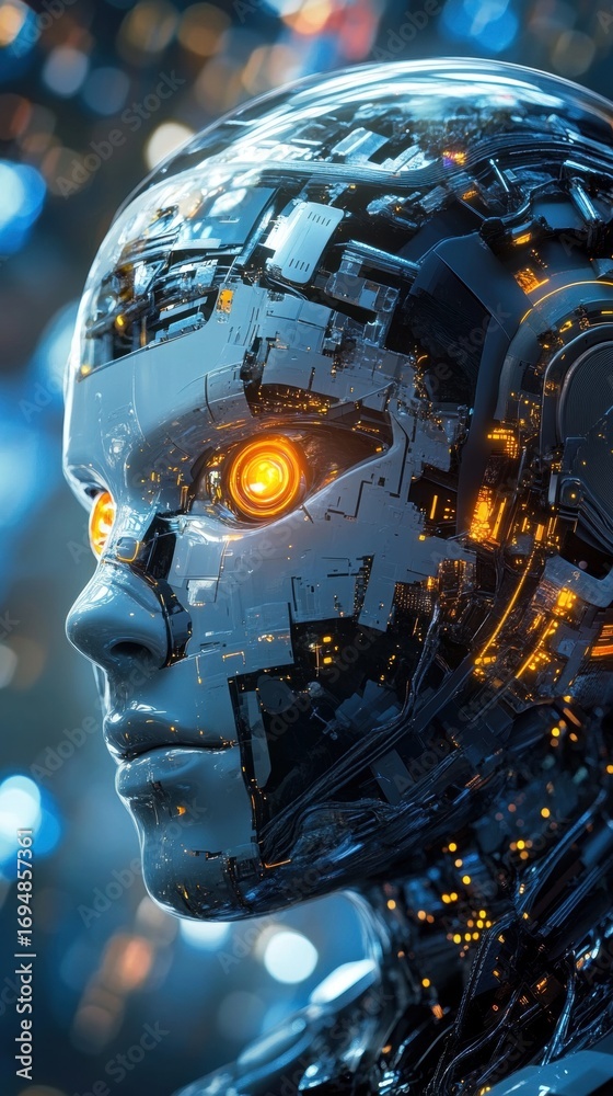 Fototapeta premium Futuristic android head showing complex internal circuitry