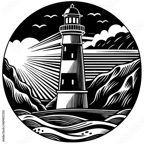 Dramatic lighthouse beacon shining over ocean waves with seagulls flying towards a coastal landscape, evoking serenity