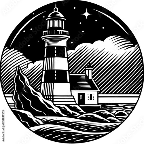 Vintage lighthouse standing strong at night, guiding ships safely through stormy seas, a symbol of hope and resilience, vector art