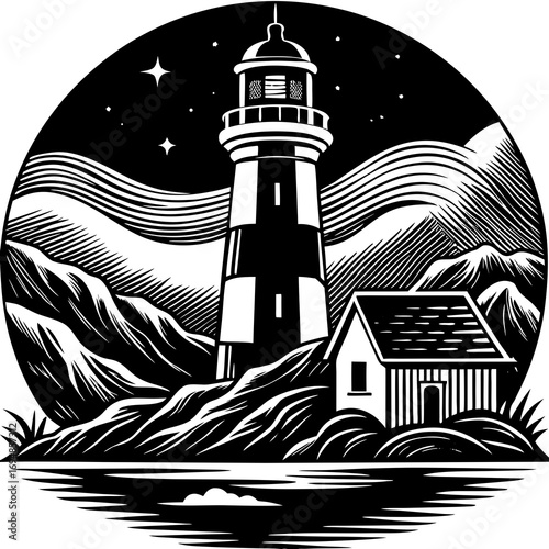 Stunning coastal lighthouse guiding ships through dark waters under a starry night sky, idyllic landscape