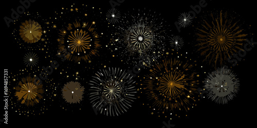 Abstract golden and silver fireworks exploding in the night sky with scattered stars