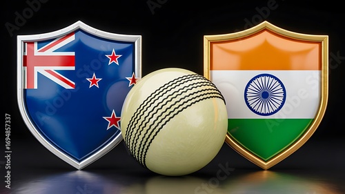 Title: Cricket ball with shield emblems of india and new zealand teams for sports competition 

