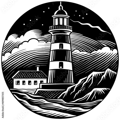 Stunning black and white lighthouse illustration guiding ships through stormy seas under a starry night sky, perfect for nautical themes
