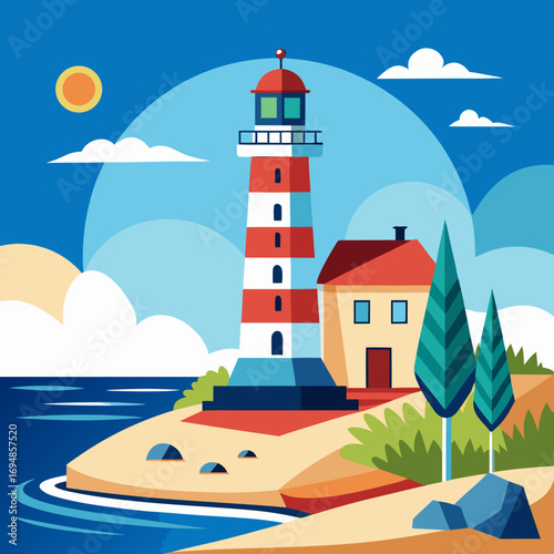 Stunning lighthouse on coastal shore with red and white stripes guiding ships safely, sunny day with blue skies, a beacon of hope, inspiring nautical design, perfect illustration