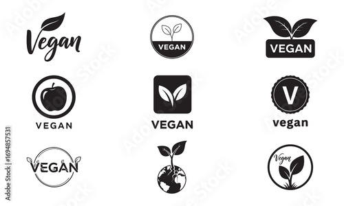Collection of nine black and white vegan logos and symbols vegetarian plant-based