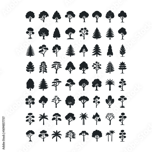 Black silhouette illustration of 100 trees in a variety of species and shapes arranged in a 10 by 10 grid on a white background