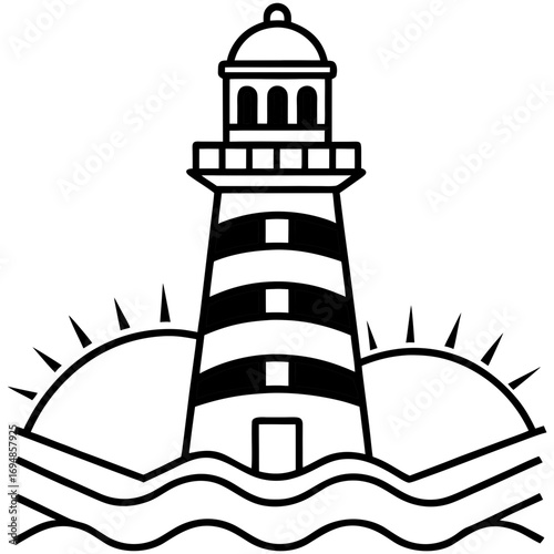 Coastal lighthouse beacon with sun and waves guiding ships safely at sea, nautical marine navigation symbol, maritime illustration