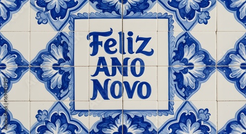 Close up of portuguese tiles with blue floral patterns and feliz ano novo message in the center
