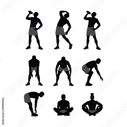 Black silhouette illustration of nine athletic men performing various stretching and exercise poses arranged in a 3x3 grid