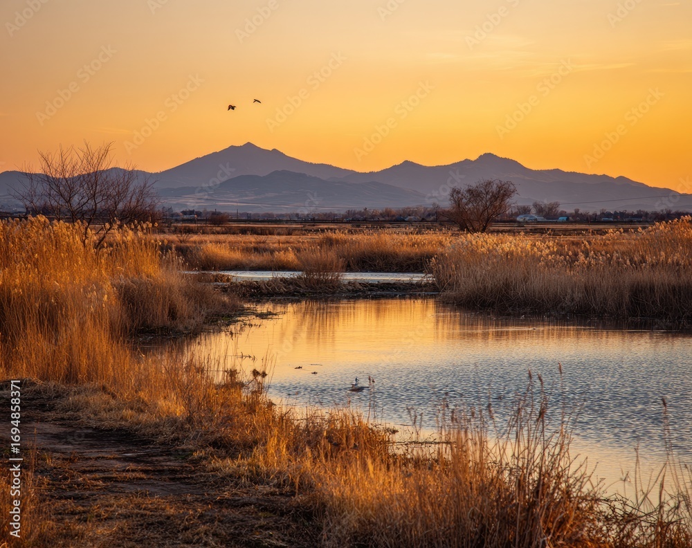 Fototapeta premium Golden sunset over a tranquil marsh