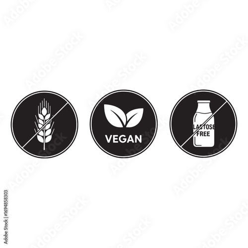 Three circular icons for vegan and lactose free food Keywords: vegan, lactose free, gluten free