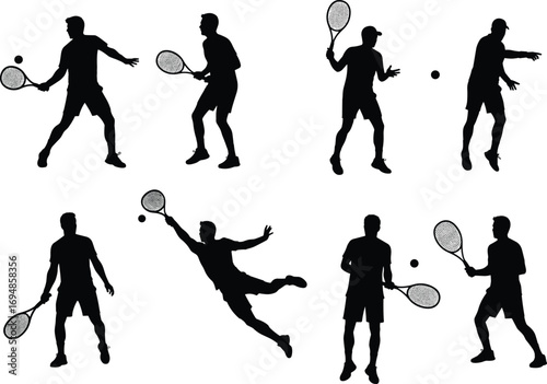 Silhouettes of tennis players in various action poses with rackets and balls, representing dynamic tennis sports movements and gameplay.
