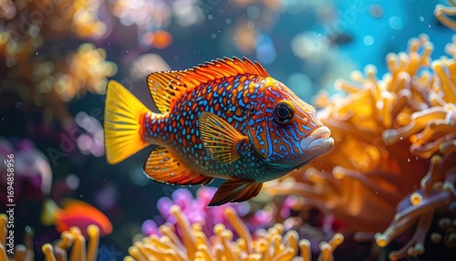 A vibrant, colorful fish swims amidst a coral reef, showcasing a stunning array of hues and patterns.