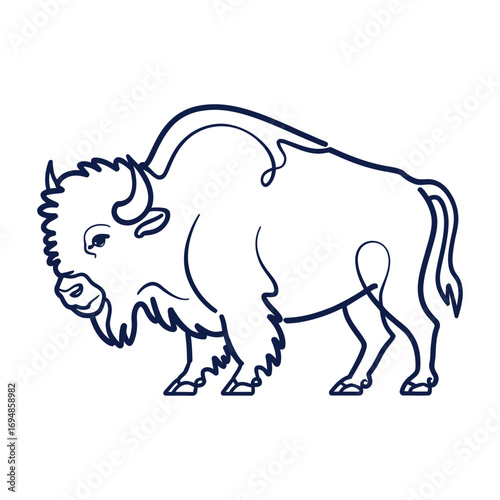 Minimalist line art illustration of a bison in side profile with curved horns, shaggy mane, and robust body in continuous line style