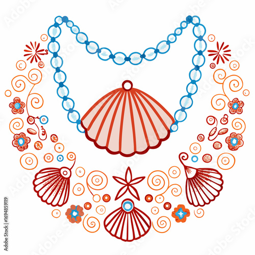 Elegant seashell necklace design with floral and swirling elements, perfect for summer fashion, coastal decor, and creative projects, evoking a sense of tranquility and beauty