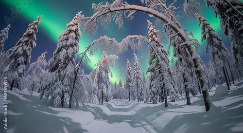 Aurora Borealis with snowy forest, and night.