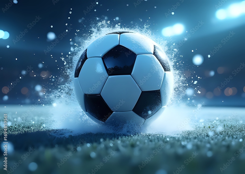 Naklejka premium Soccer Ball in Flight Amidst Water Splash