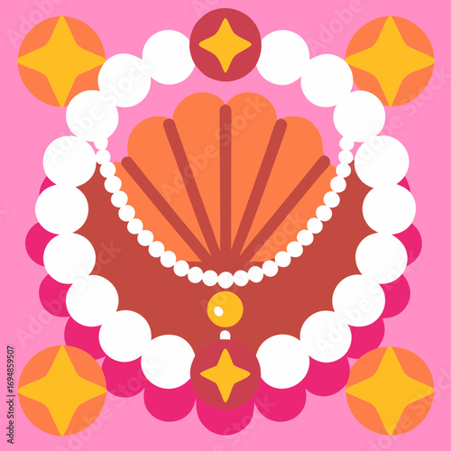 Elegant geometric design featuring a shell and pearl necklace, vibrant colors, and a touch of sparkle, perfect for fashion and beauty content creators