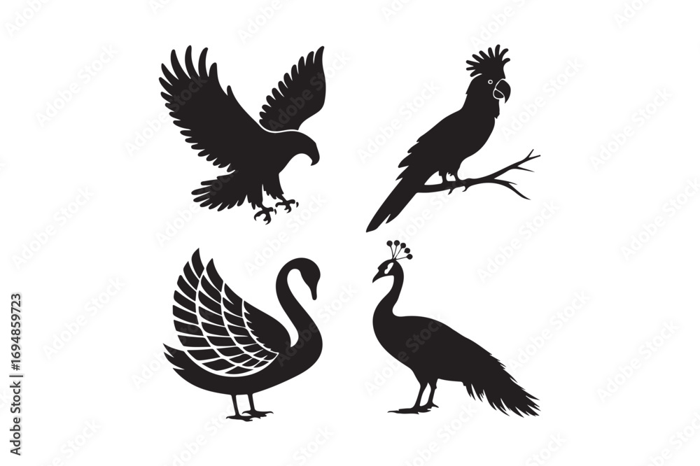 Fototapeta premium Silhouettes of four distinct birds including an eagle parrot swan and peacock