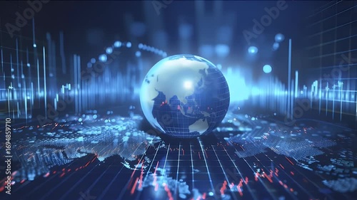 青色の背景に地球のホログラムとデータの視覚化を示す抽象的な技術のイメージ