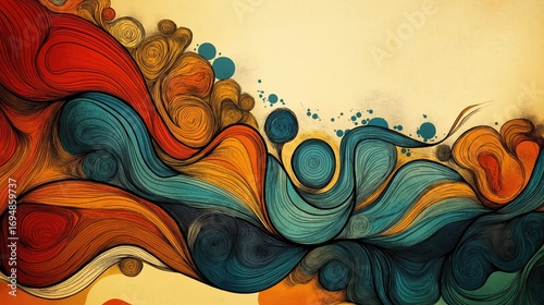 Artistic hand-drawn abstract background with flowing orange and blue wave-like shapes. Abstract vintage hand drawn waves orange blue.