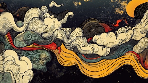 Hand-drawn abstract vintage style artwork with swirling clouds and flowing colored lines.