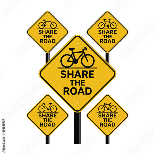 Yellow diamond shaped road signs with black bicycle silhouettes and share the road safety message arranged in a circular pattern