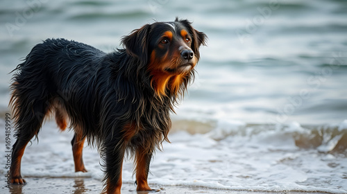 Wet bedraggled dog standing by the sea looking at the camera