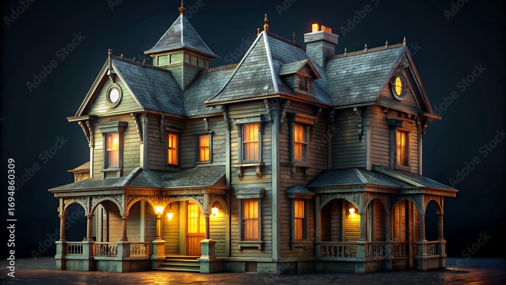 Obraz premium Ornate Victorian House with Warmly Lit Windows architecture.