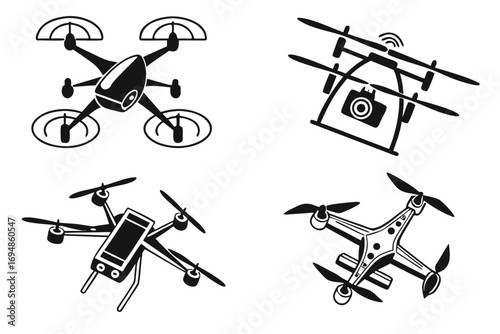 Vector art of drone icon set with different quadcopter types