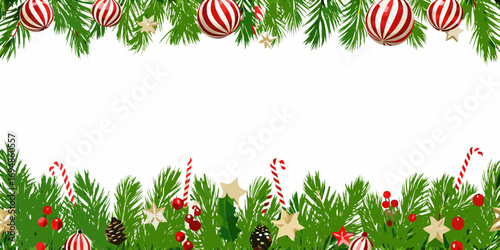 Festive christmas garland border with pine branches ornaments candy canes and berries on white background
