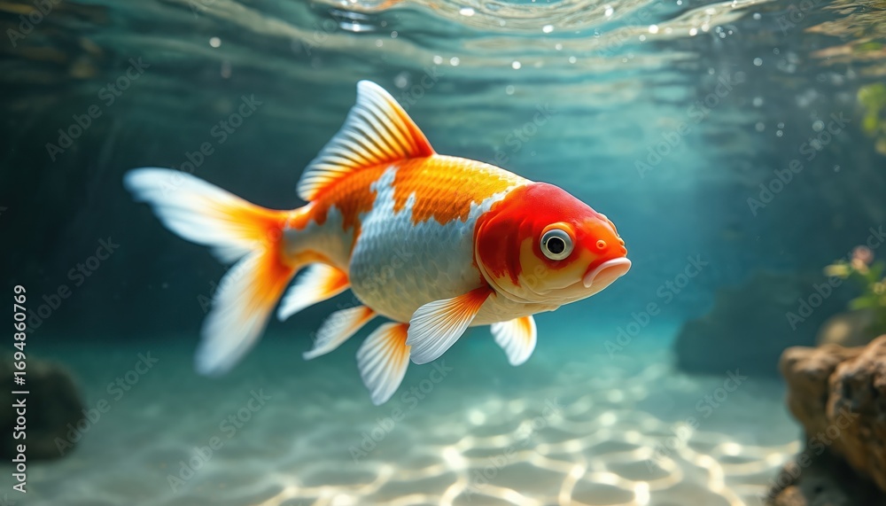 Naklejka premium Golden goldfish swims in clear blue water. Underwater scene with sunlight on sandy bottom. Aquatic pet in serene, tranquil environment. Fine art photography captures graceful movement.