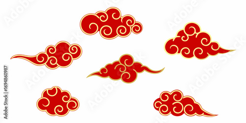 Collection of traditional chinese red and gold auspicious clouds on a white background