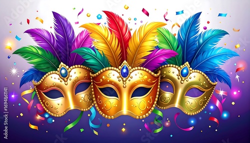 Three exquisite golden carnival masks with colorful feathers and confetti
