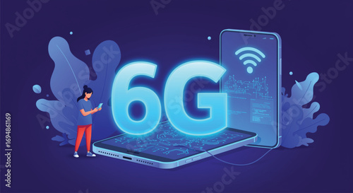 Futuristic illustration of 6G technology with a person using a smartphone. EPS Vector