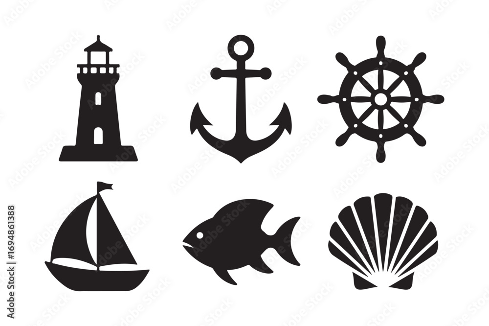 Fototapeta premium Nautical icons lighthouse anchor ship wheel sailboat fish and seashell