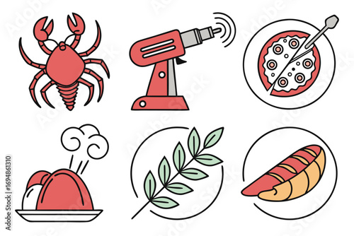 Vector art of collection of six food and technology icons