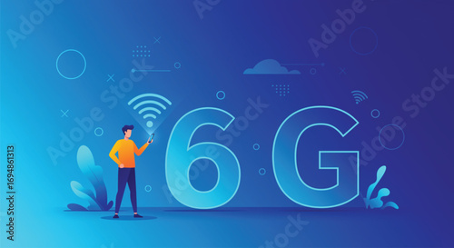 A stylized illustration showcasing the concept of 6G mobile technology. EPS Vector