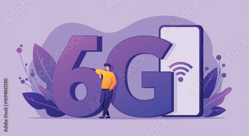 Modern 6G Technology Illustration with Smartphone and Man. EPS Vector