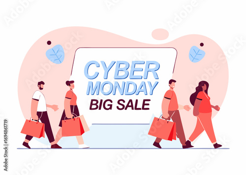 Cyber Monday Big Sale Illustration People Shopping with Bags on a Light Background with Decorative Elements