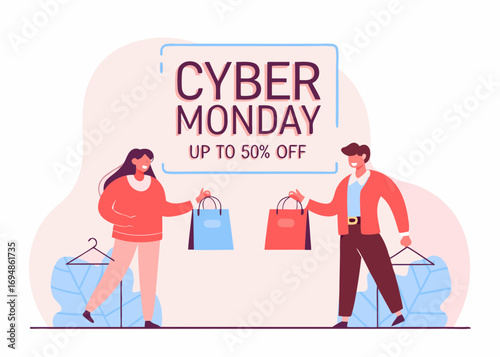 Cyber Monday Sale Illustration with Shoppers Holding Shopping Bags and Text Announcing Up to 50 Percent Off