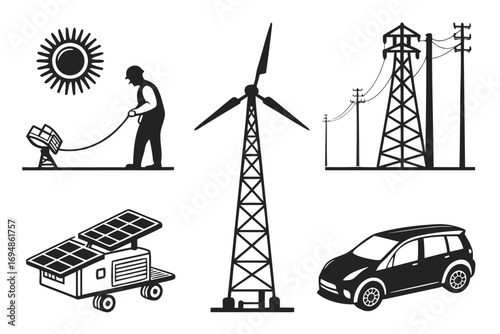 Vector art of renewable energy sources like solar panel, wind turbine, and electric car