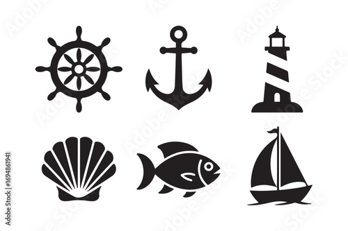 Nautical icons collection featuring a ship wheel anchor lighthouse fish and sailboat
