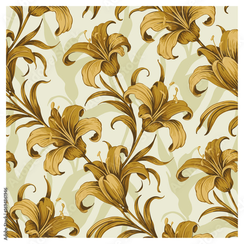 This seamless pattern, titled "Golden Lily Elegance", features intricately designed lilies in warm golden tones, set against a soft cream background. The flowing, detailed leaves and elegant flowers.
