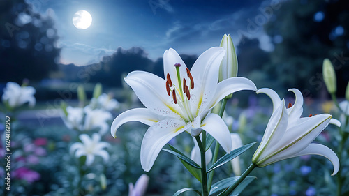 White lilies bloom in a garden under a bright full moon at night white lily flower