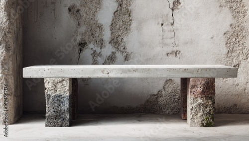 Modern concrete bench against a textured wall